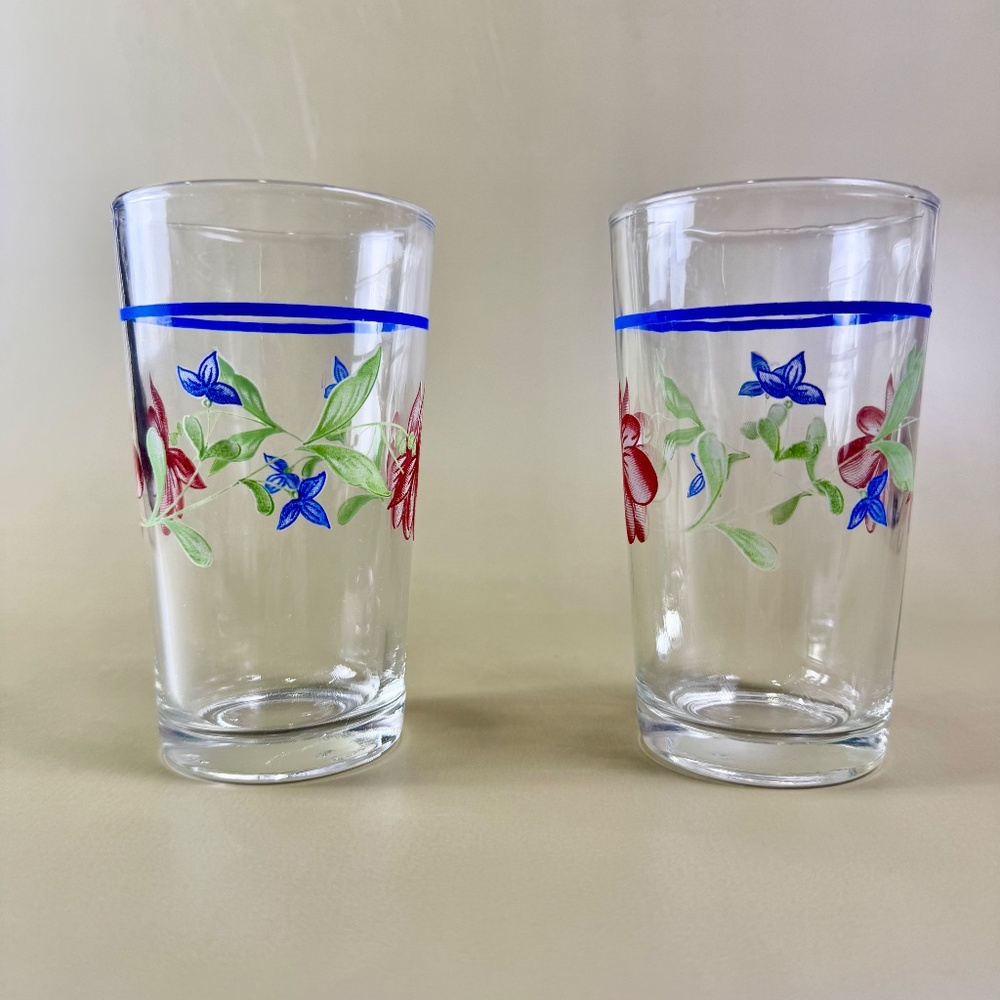 Set of 2 - Vintage KIG Indonesia Floral Highball Glasses – Blue Rim - Picture 4 of 12